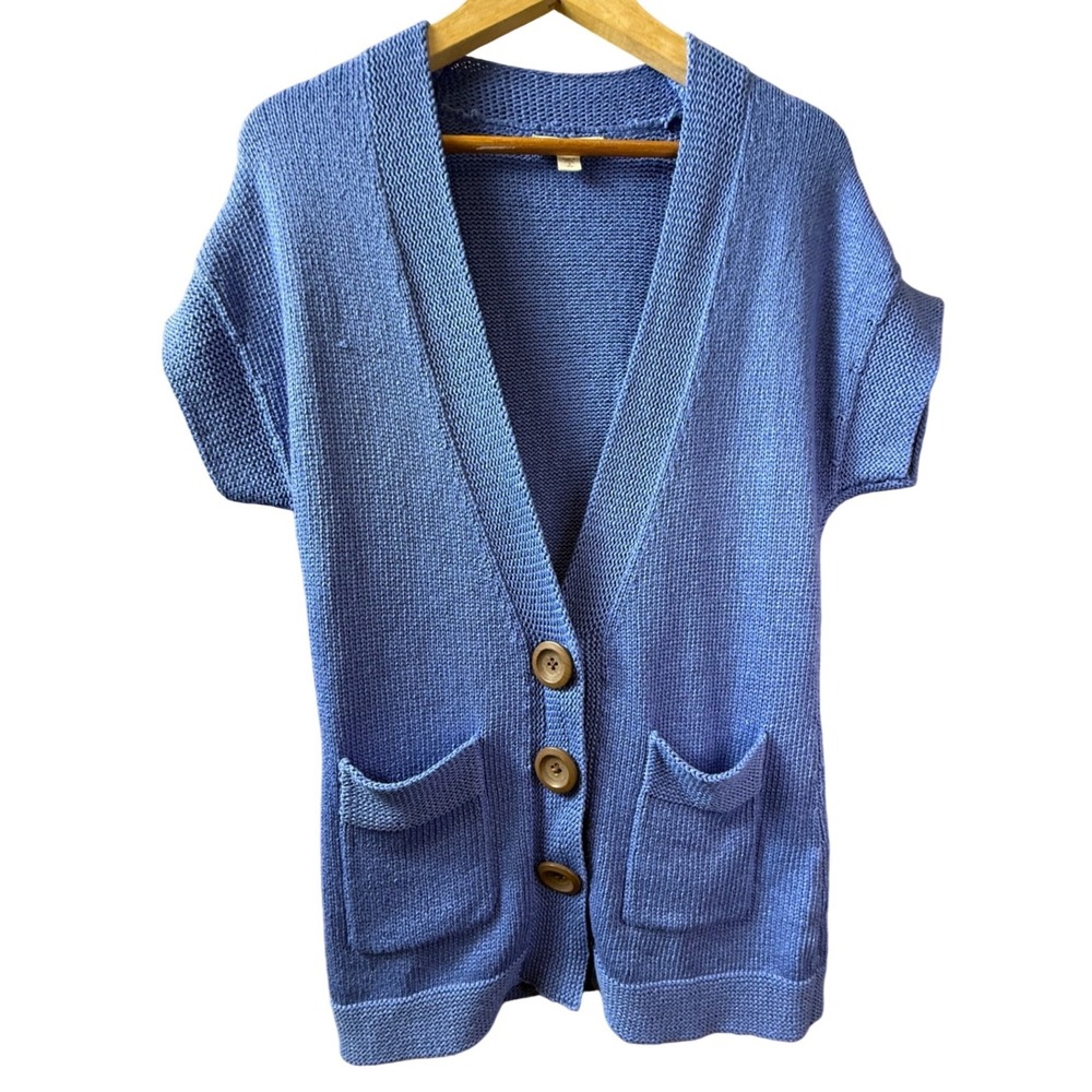 Coldwater Creek Womens Blue Short Sleeve Button Knit Cardigan Small Coastal